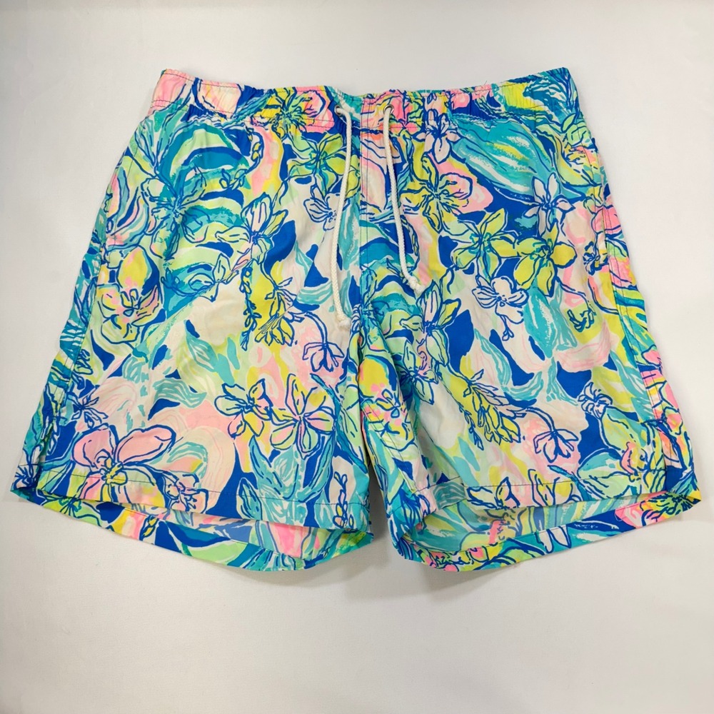 NWOT Lilly Pulitzer Capri Trunk Swim Shorts Mens Large Blue Pink Floral Tropical